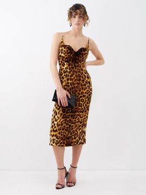 Halpern Leopard-print sweetheart-neck midi dress