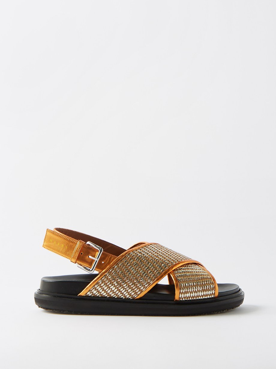 마르니 샌들 Marni Gold Fussbett faux-raffia and metallic-leather sandals