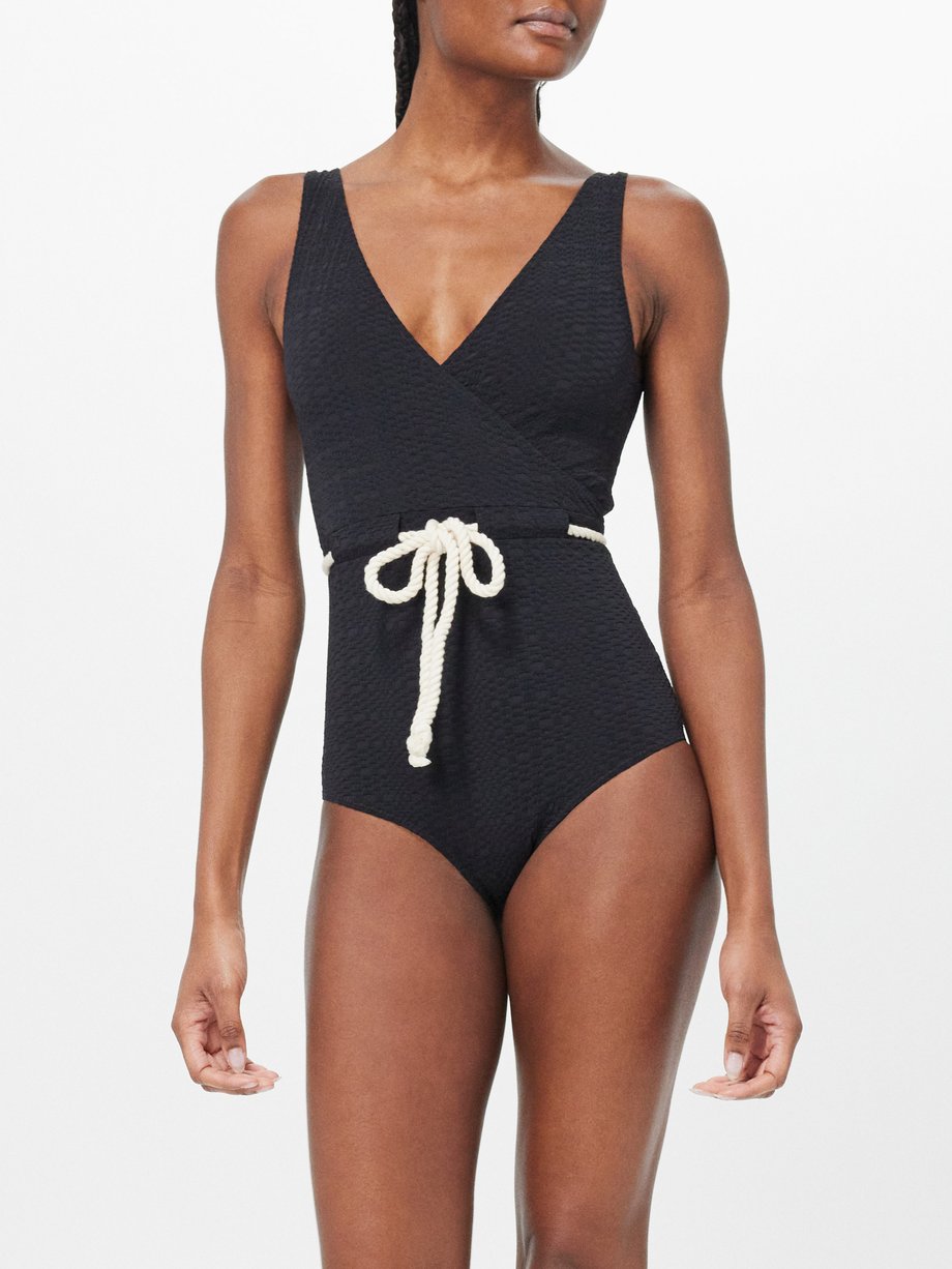 Black Yasmin rope-belt seersucker swimsuit