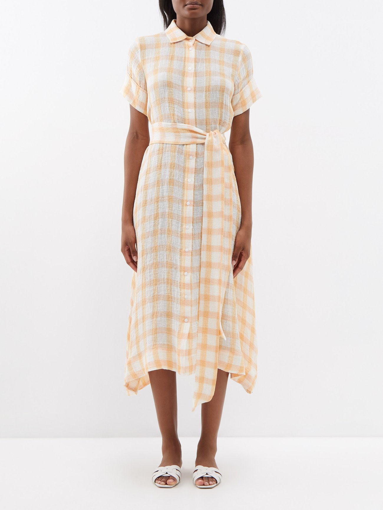 Orange Checked linen-blend shirt dress