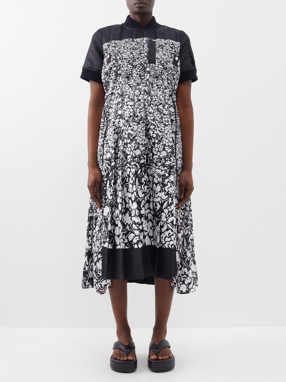 Black Quilted floral-print technical midi dress | Sacai | MATCHESFASHION AU