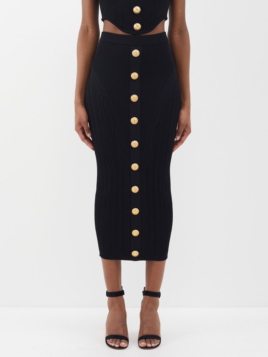 Black Buttoned Rib Knitted Midi Skirt Balmain Matchesfashion Us