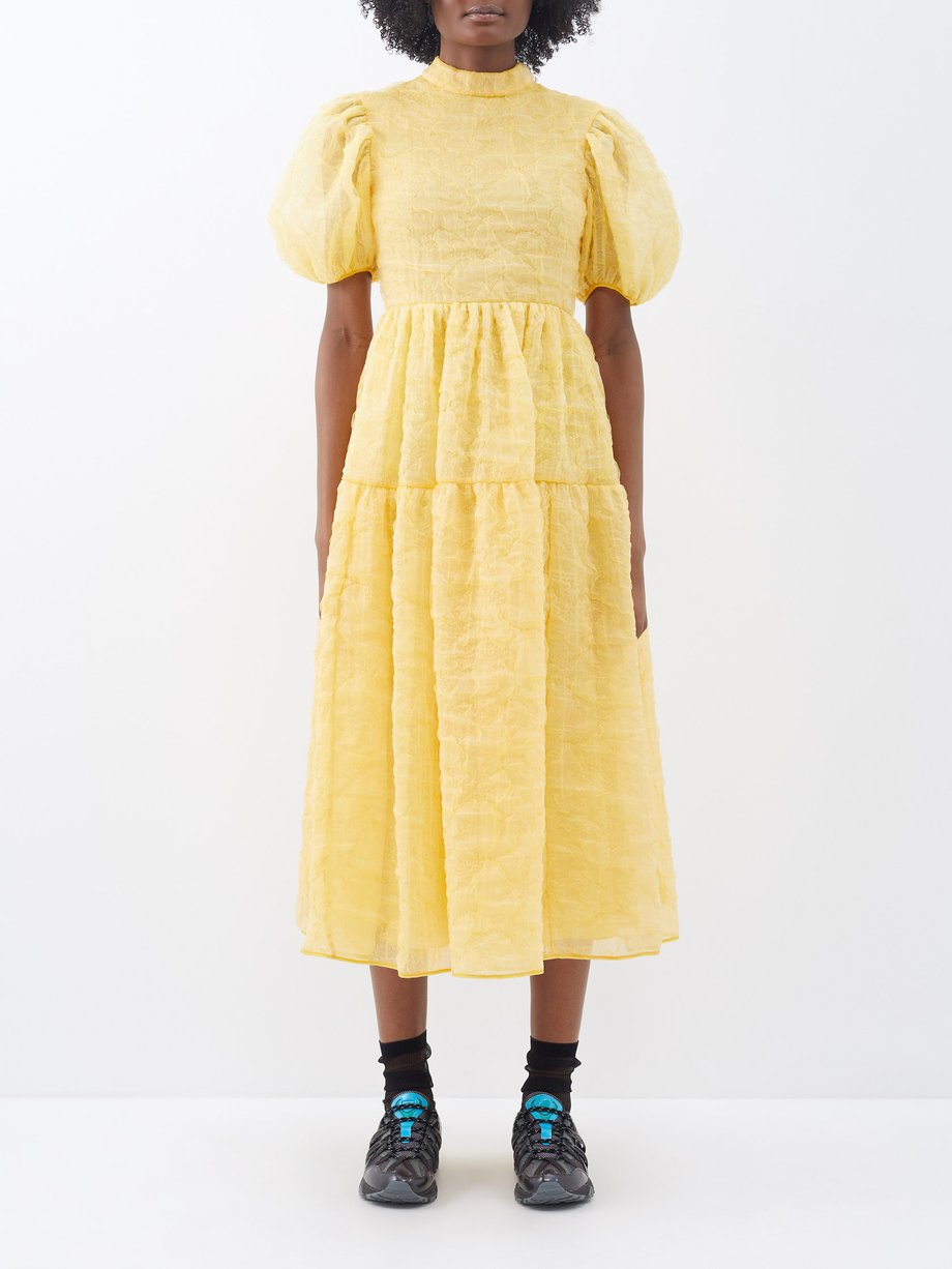 Yellow Kelly puff-sleeve silk-blend matelassé midi dress | Cecilie ...