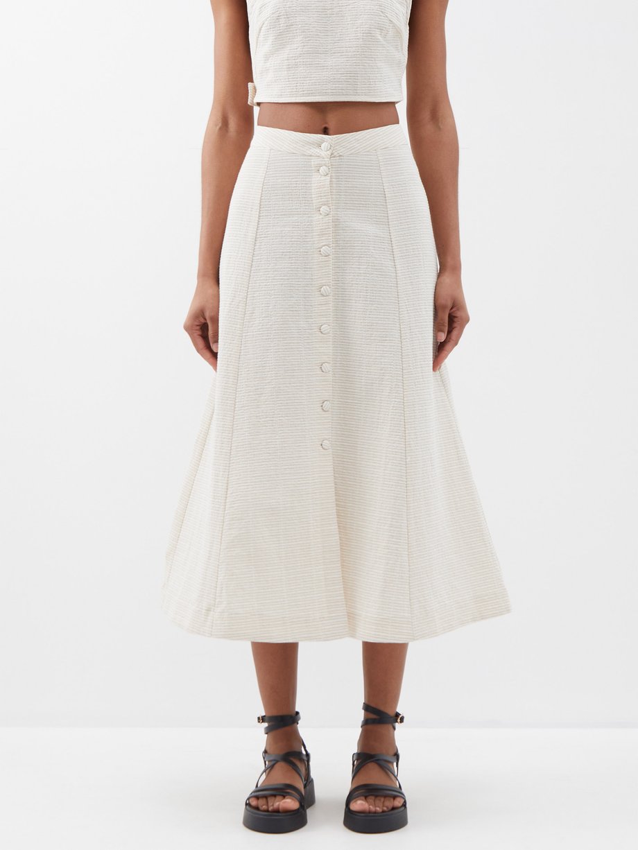 Beige Rosalia organic-cotton seersucker midi skirt | Casa Raki | MATCHES UK