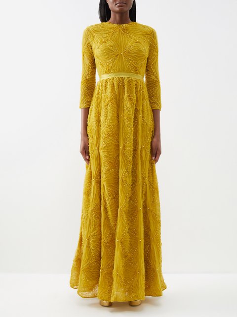 Yellow Tarka beaded tulle-lattice gown, Erdem