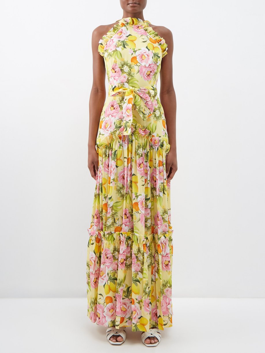 Yellow Tatiana floral-print ruffled silk-crepe maxi dress | Borgo De ...