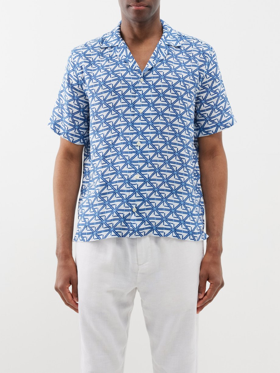 White blue Roberto monogram-print linen shirt | Frescobol Carioca ...