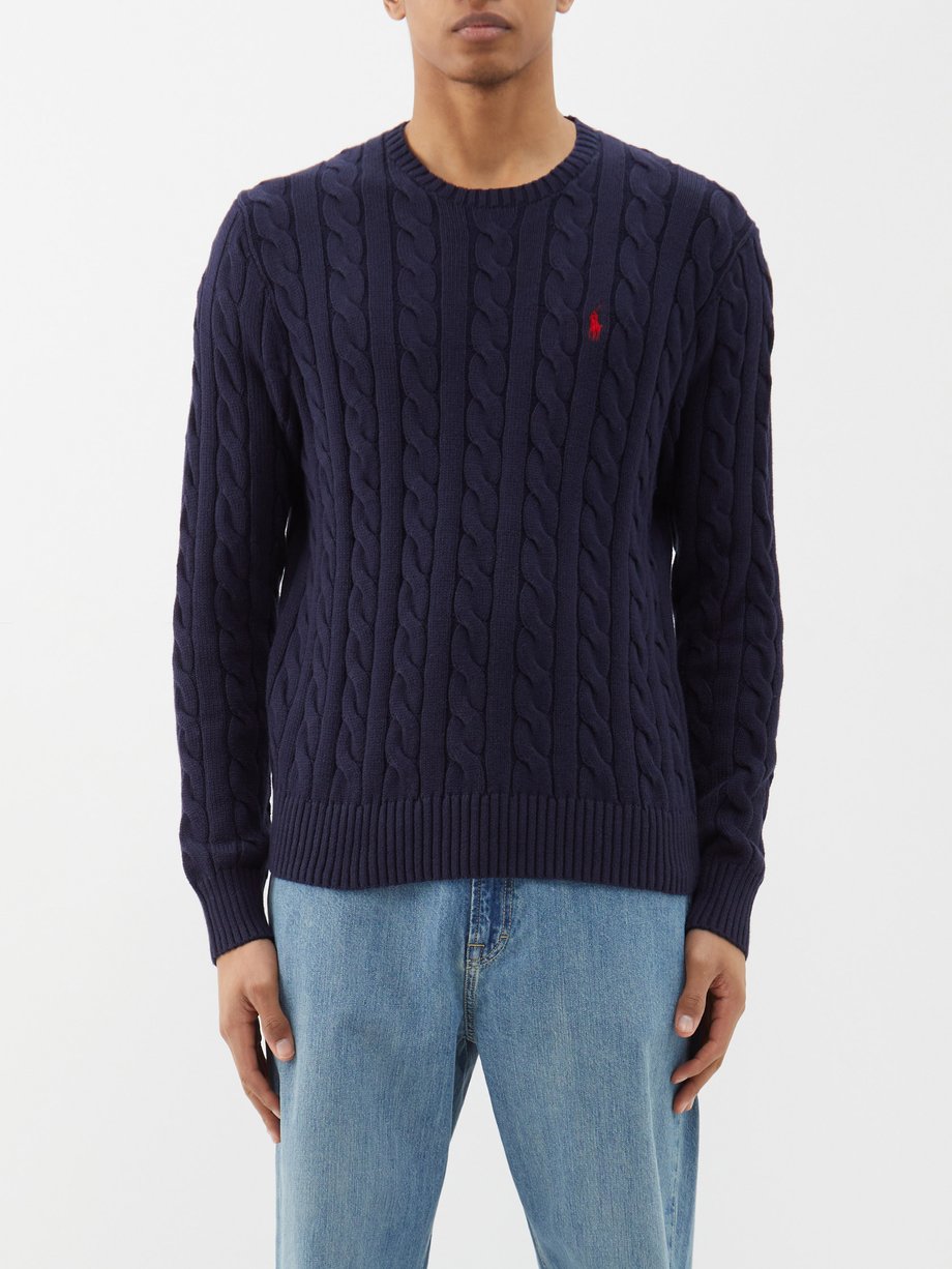 Navy Logo-embroidered cable-knit cotton sweater | Polo Ralph Lauren ...