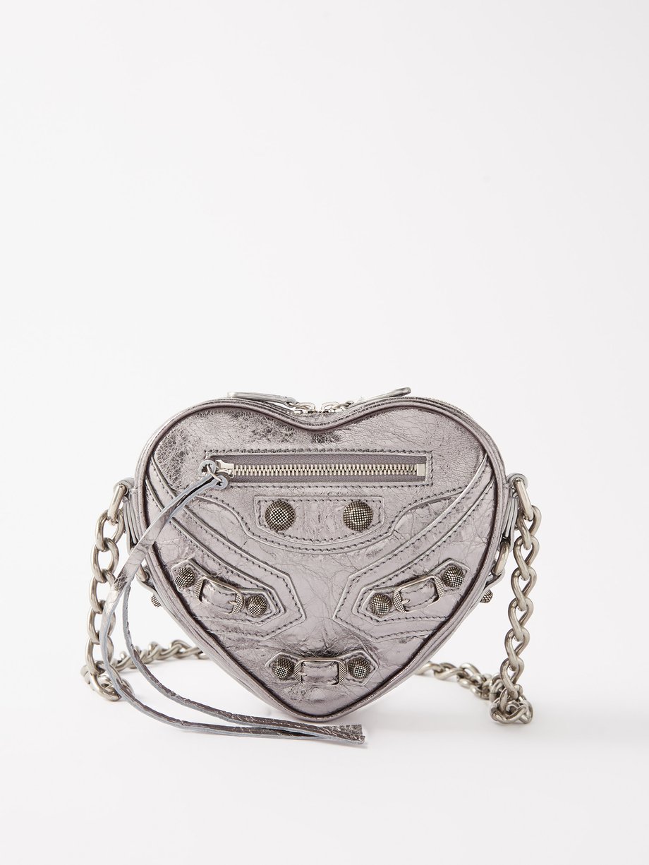 Silver Le Cagole Heart metallic-leather cross-body bag | Balenciaga ...