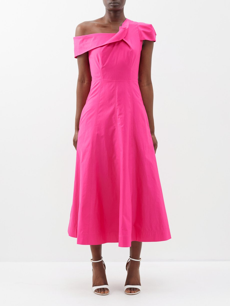 Pink One-shoulder draped cotton-poplin midi dress | Roland Mouret ...