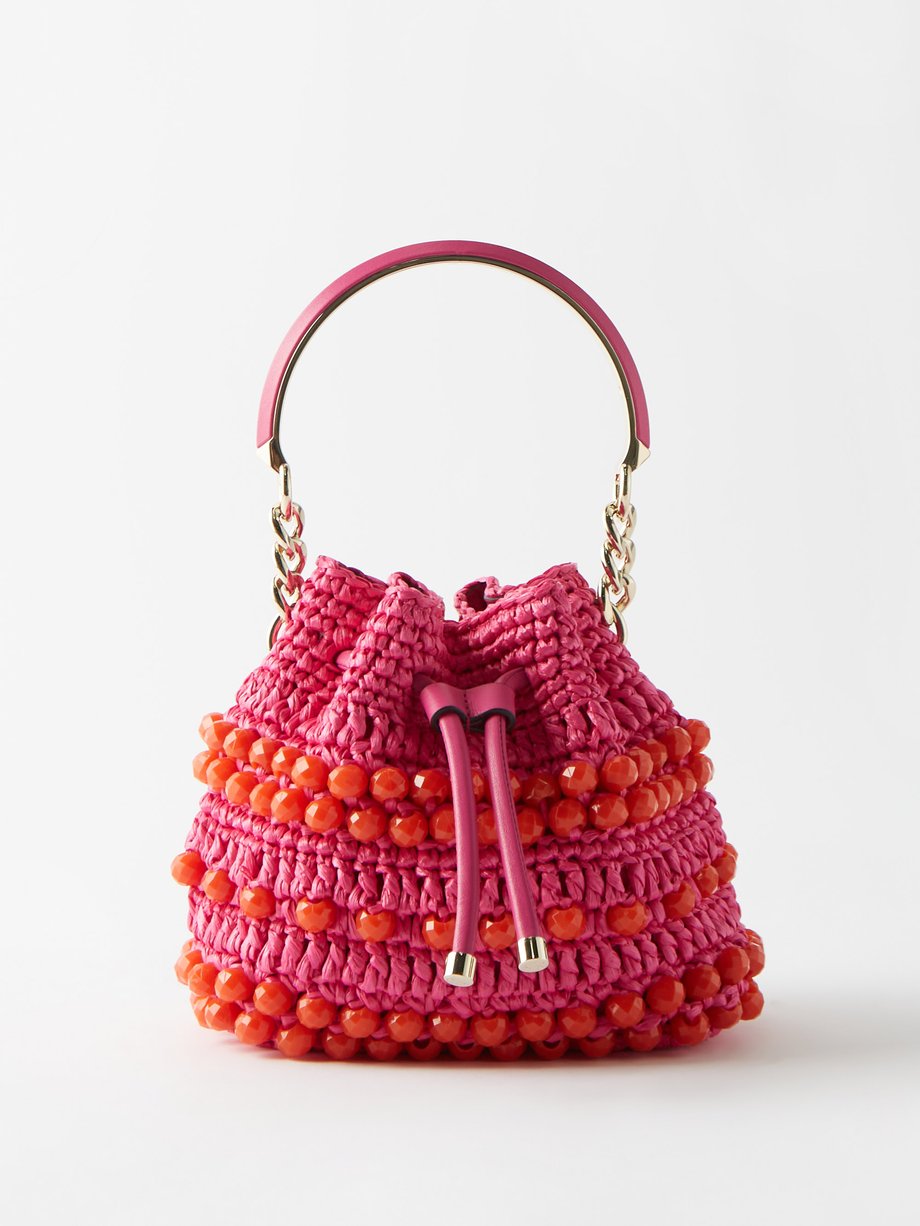 Pink Bon Bon beaded crochet-raffia bucket bag | Jimmy Choo ...