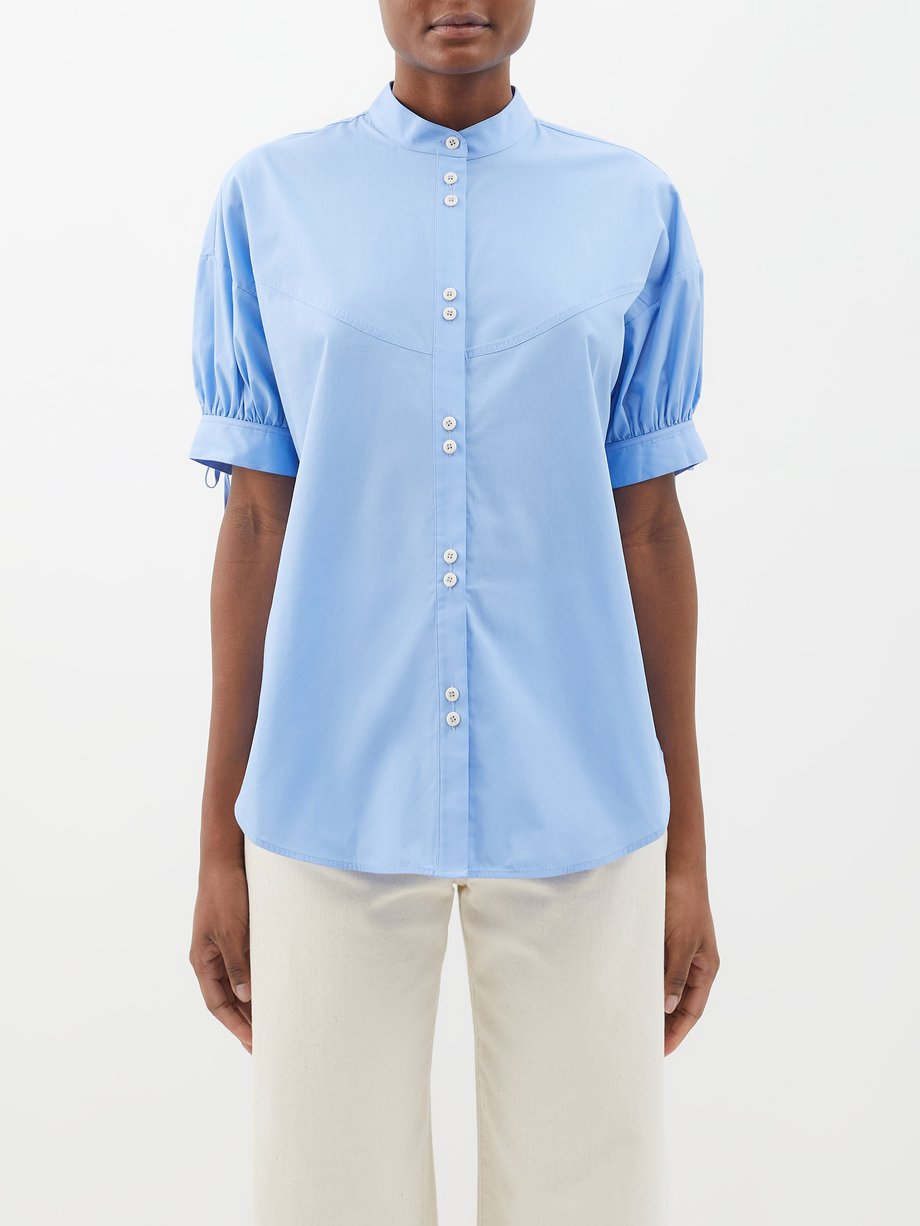 Blue Posey collarless cotton short-sleeved shirt | Lee Mathews ...