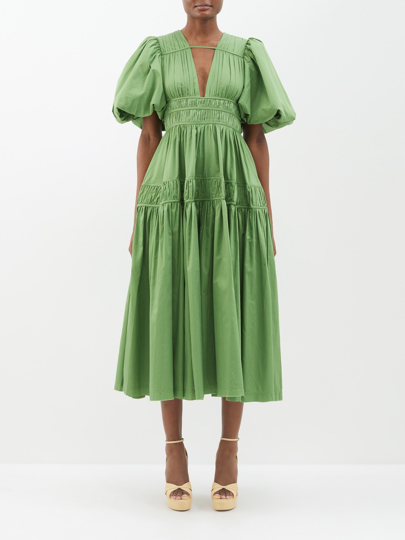 Green Fallingwater pintuck-pleated cotton midi dress | Aje | MATCHES UK