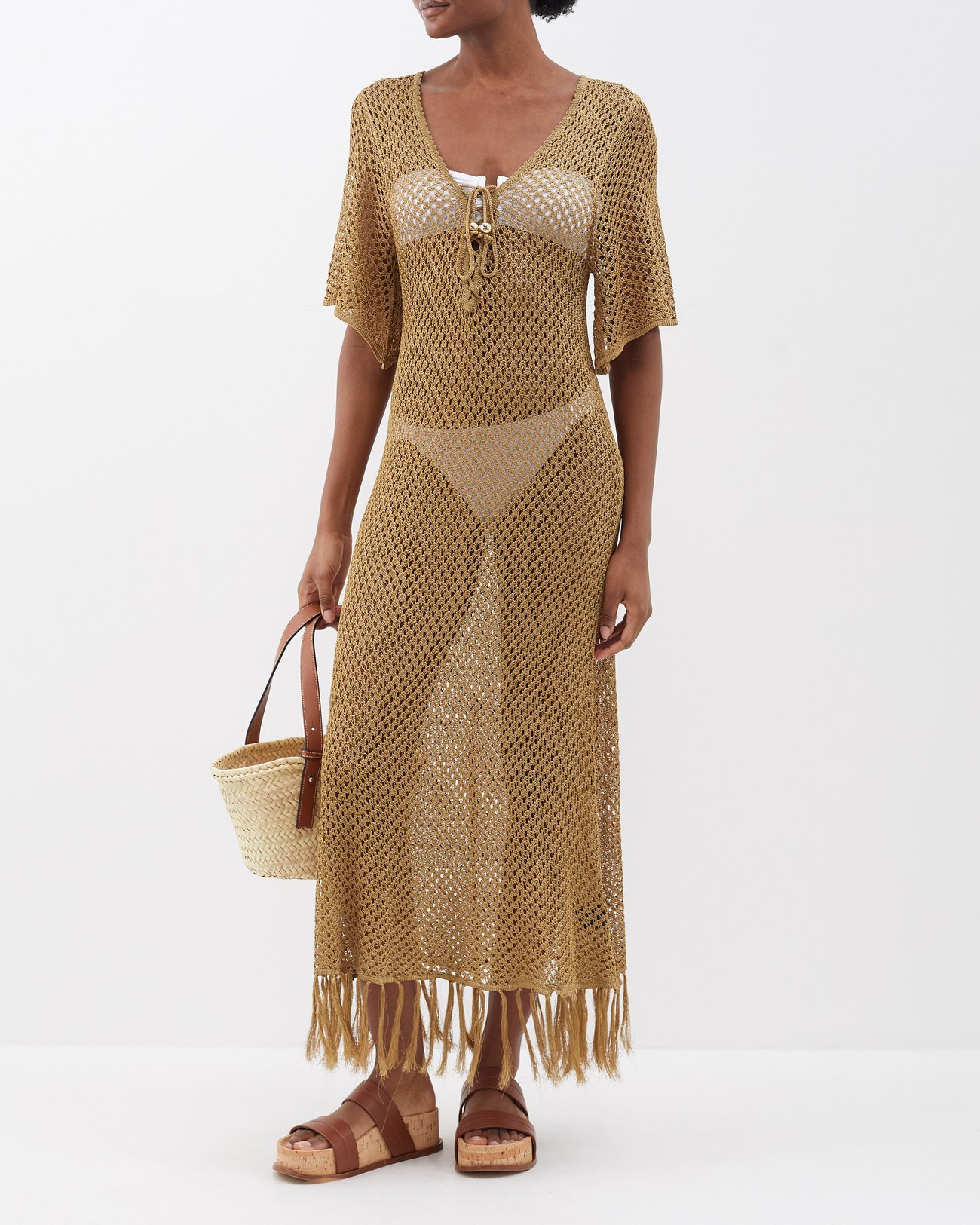 Ventura Vision Beige Crochet Lace-Up Midi Dress