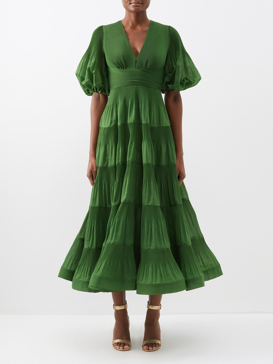 Green Pleated puffed-sleeve midi dress | Zimmermann | MATCHESFASHION AU