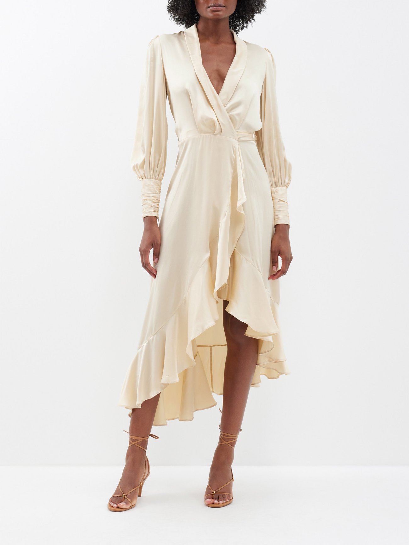 White Ruffled asymmetric silk-satin wrap dress | Zimmermann | MATCHES UK