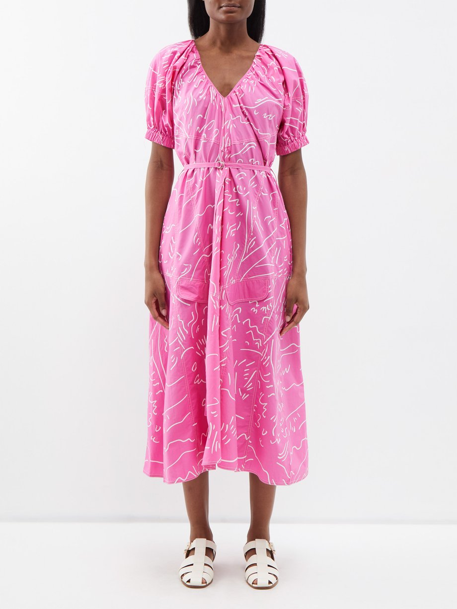 Pink Printed puff-sleeve cotton-poplin midi dress | Lovebirds | MATCHES UK