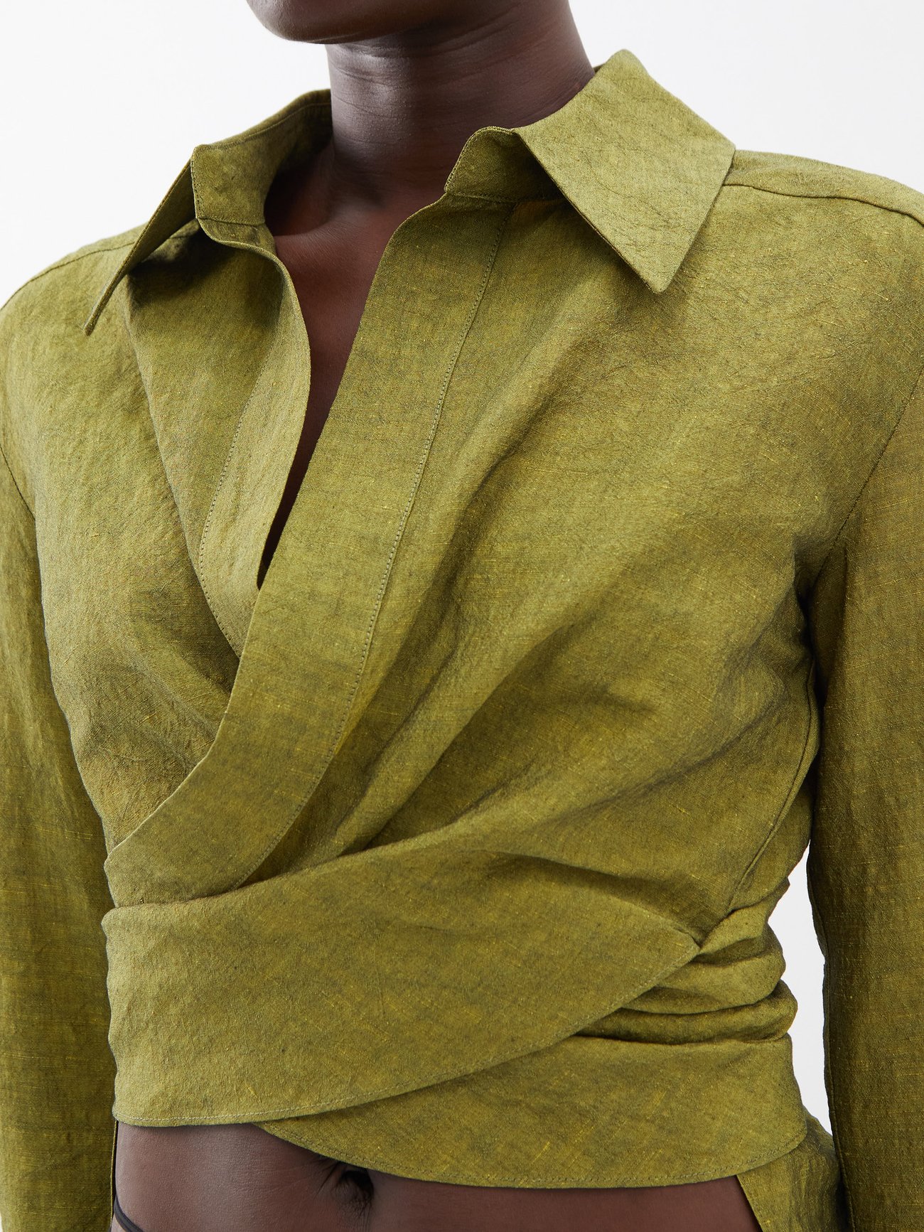 Green Sabinas linen-blend wrap shirt, GAUGE81