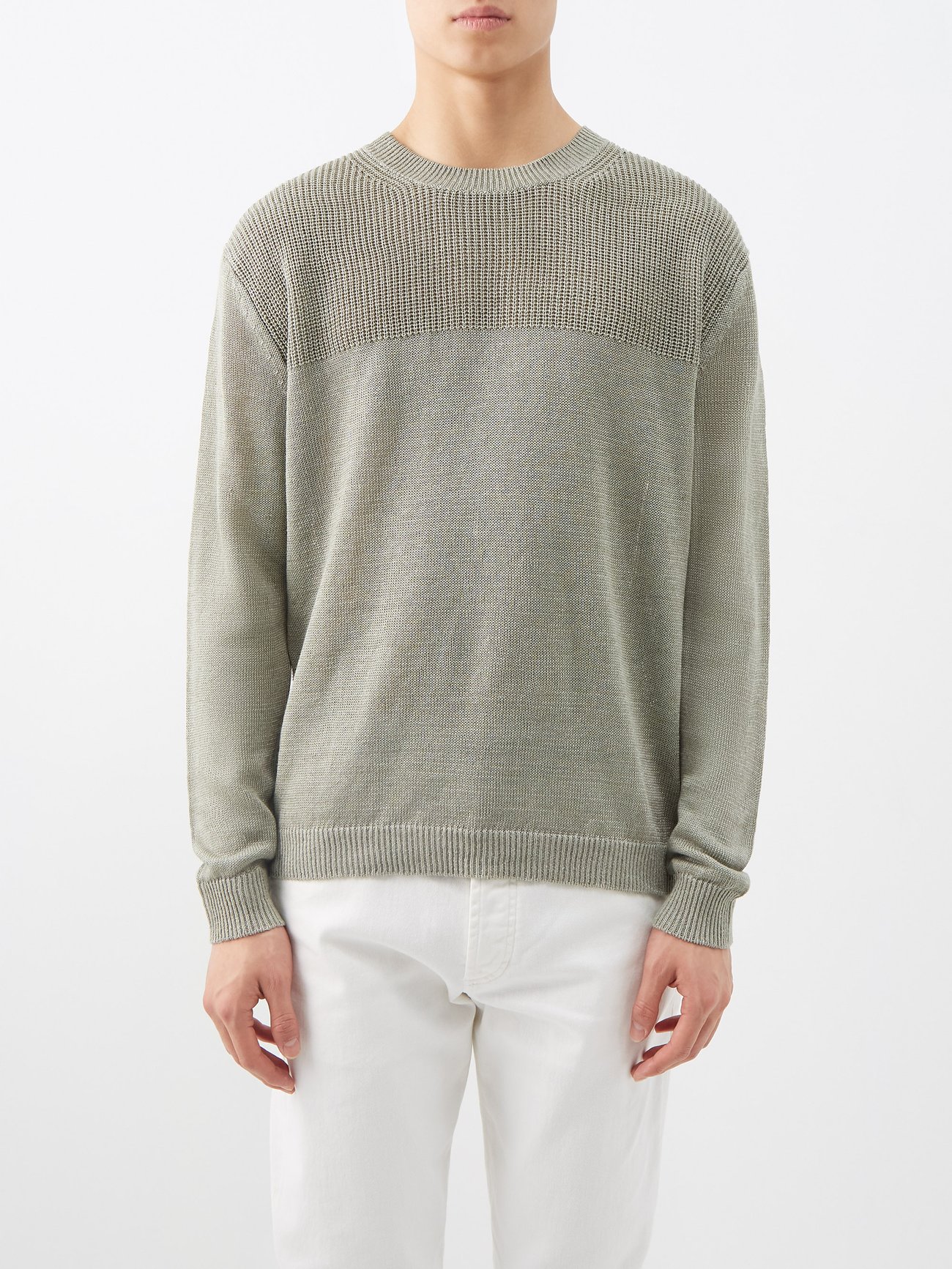 Green Felix panelled linen sweater | Iris von Arnim | MATCHES UK