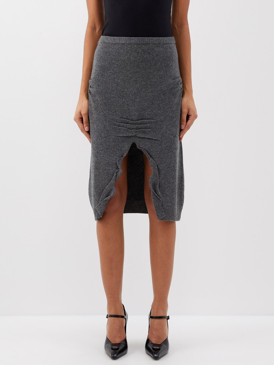 Front-slit wool-blend midi skirt