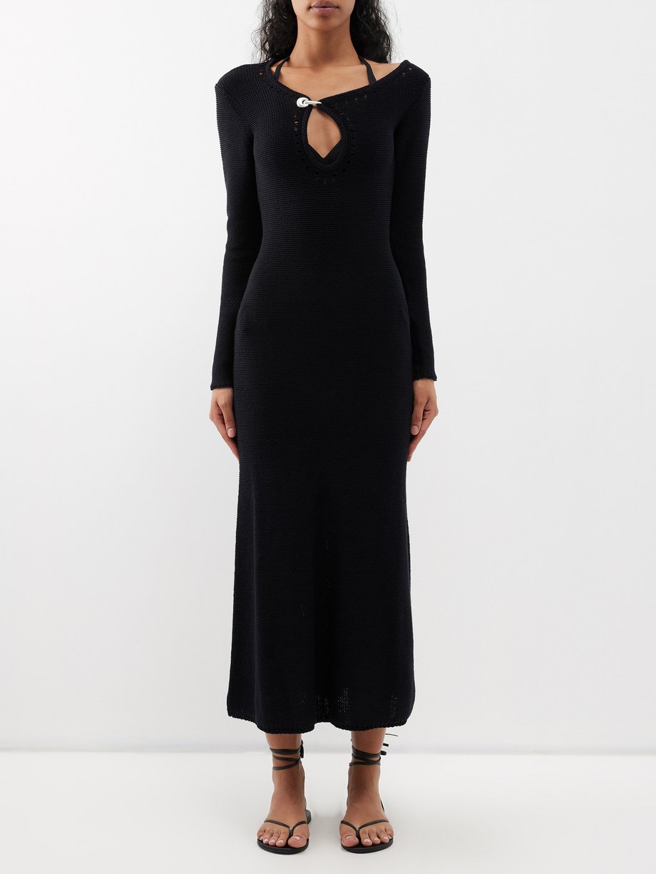 Black Pointelle cutout cotton-blend knitted maxi dress | Christopher ...