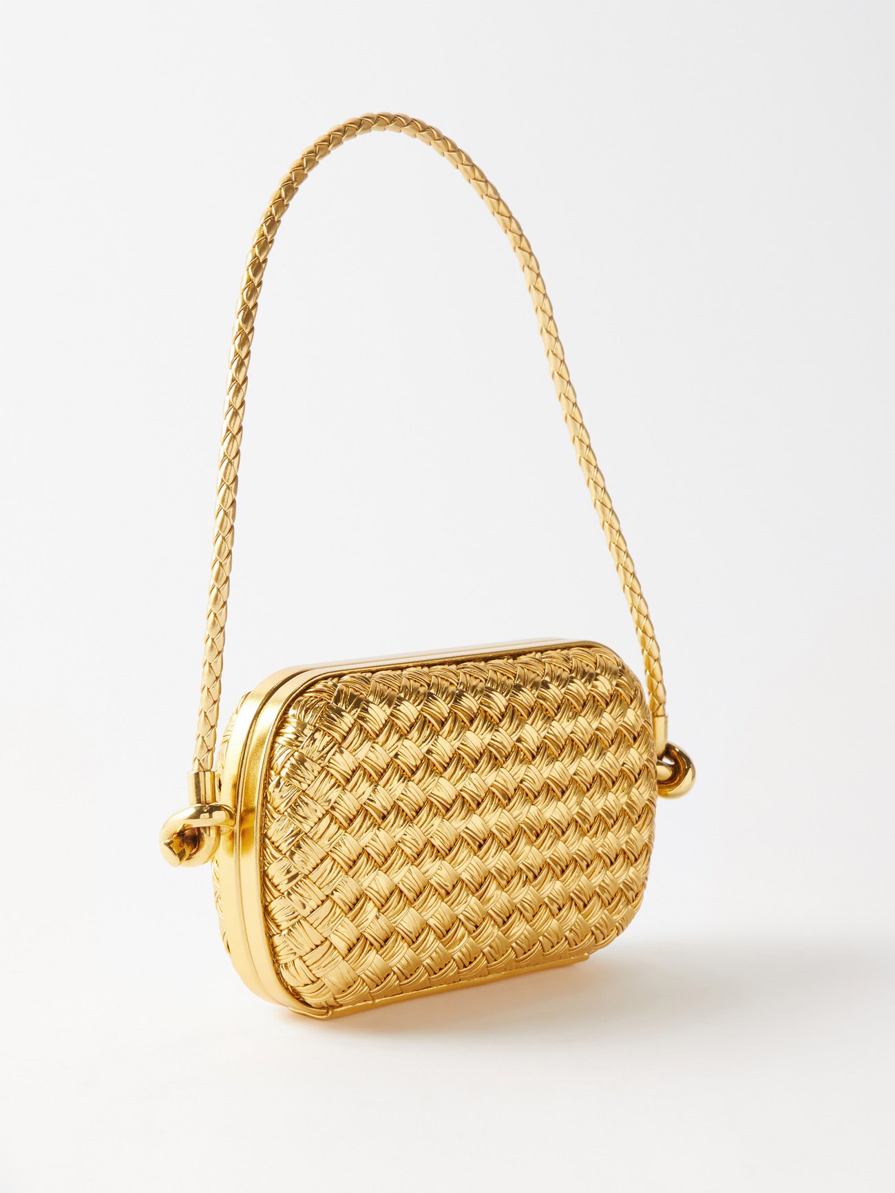 Bottega Veneta Knot Clutch in Metallic Intreccio Leather Gold