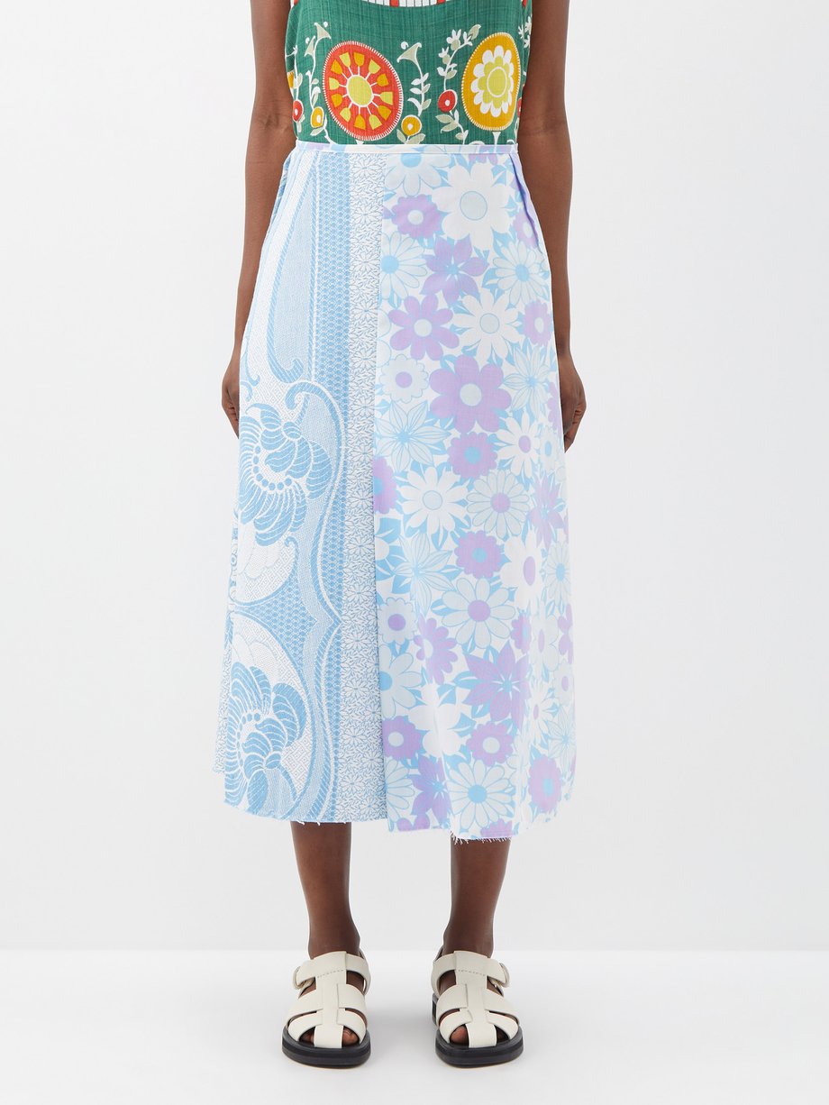 Blue Tropicalia upcycled printed cotton midi skirt | Renata Brenha ...