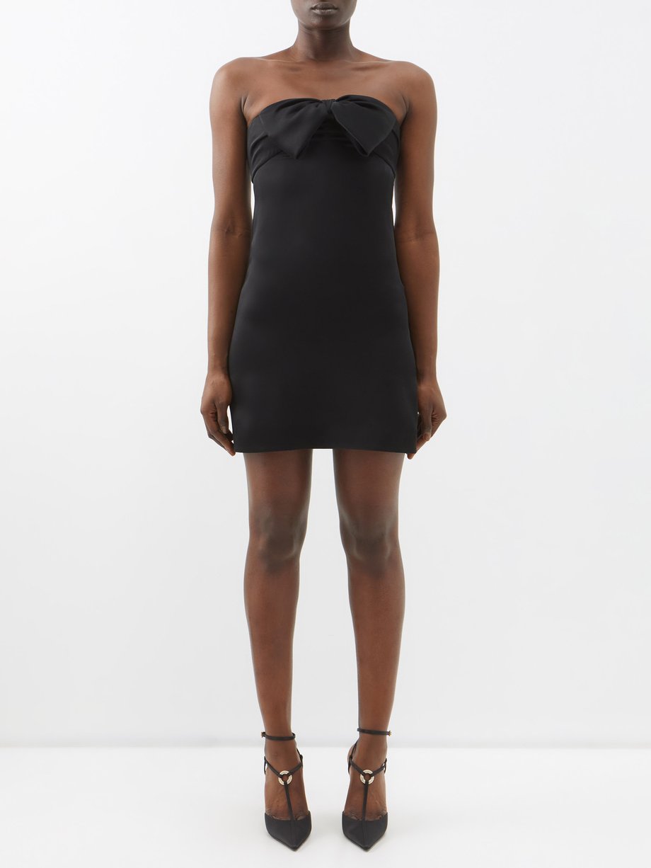 Black Off-the-shoulder bow-tie crepe-satin mini dress | Saint Laurent ...