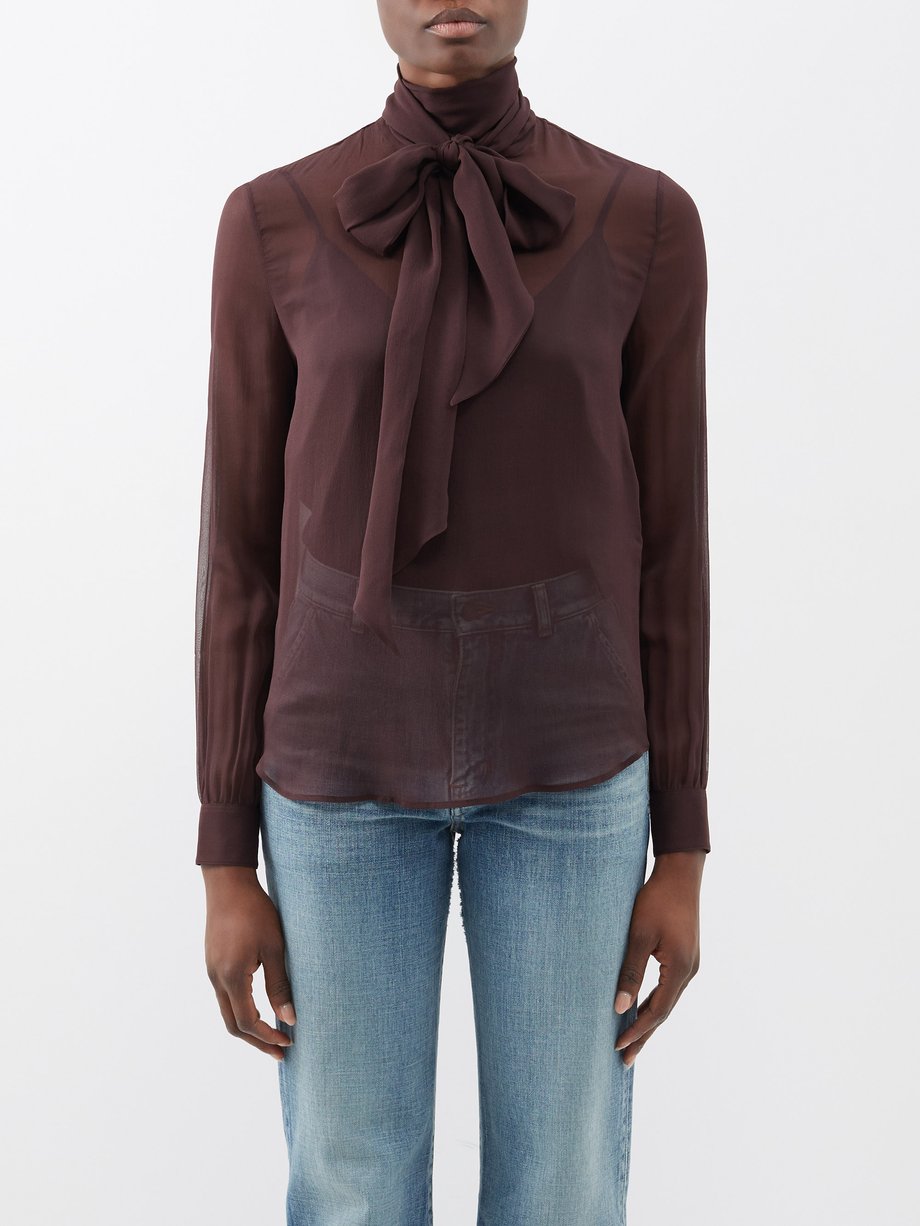 Brown Pussy Bow Crepe Muslin Blouse Saint Laurent Matchesfashion Au