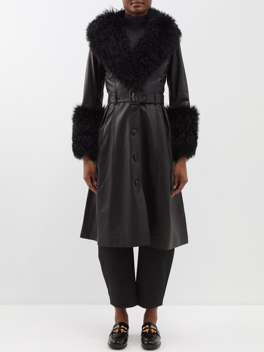 Black Foxy shearling-trim leather coat | Saks Potts | MATCHESFASHION US