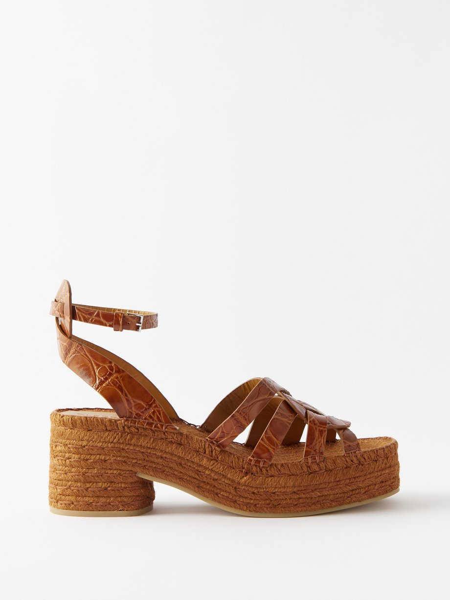 Brown Chaya croc-embossed leather and raffia sandals | Clergerie ...