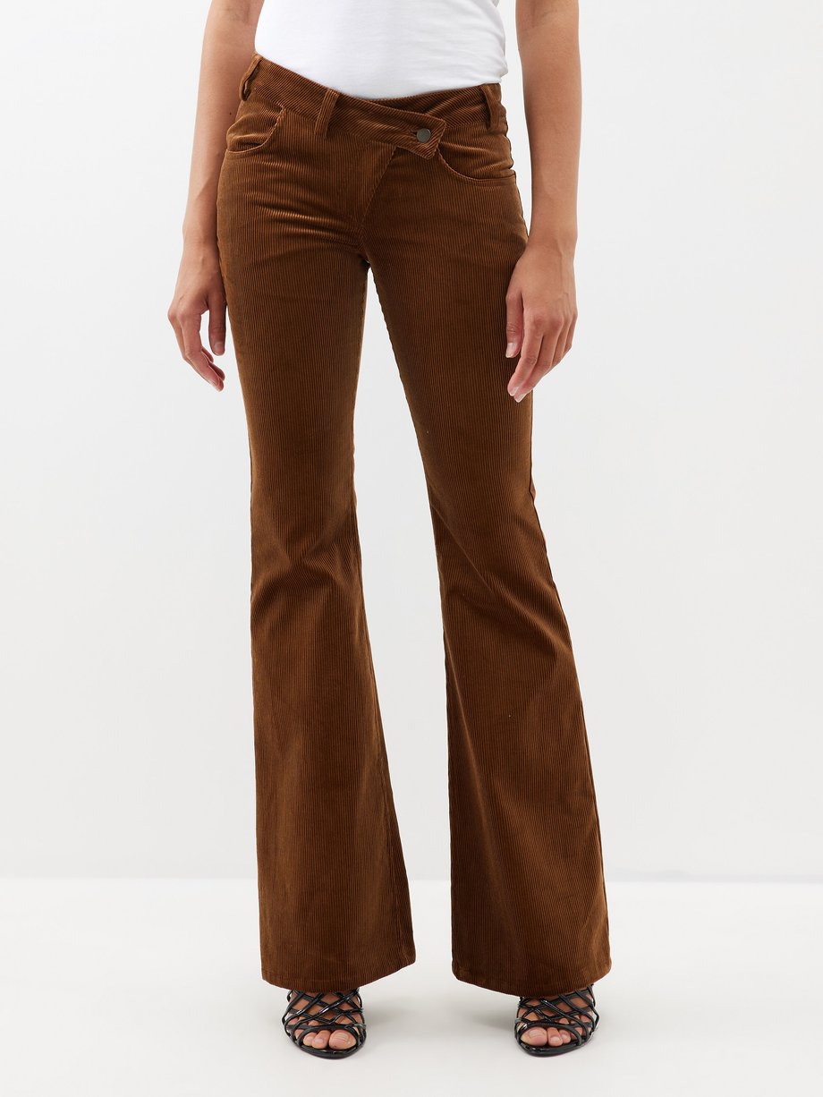 Brown Asymmetric-waist cotton-corduroy flared trousers, A.W.A.K.E. Mode