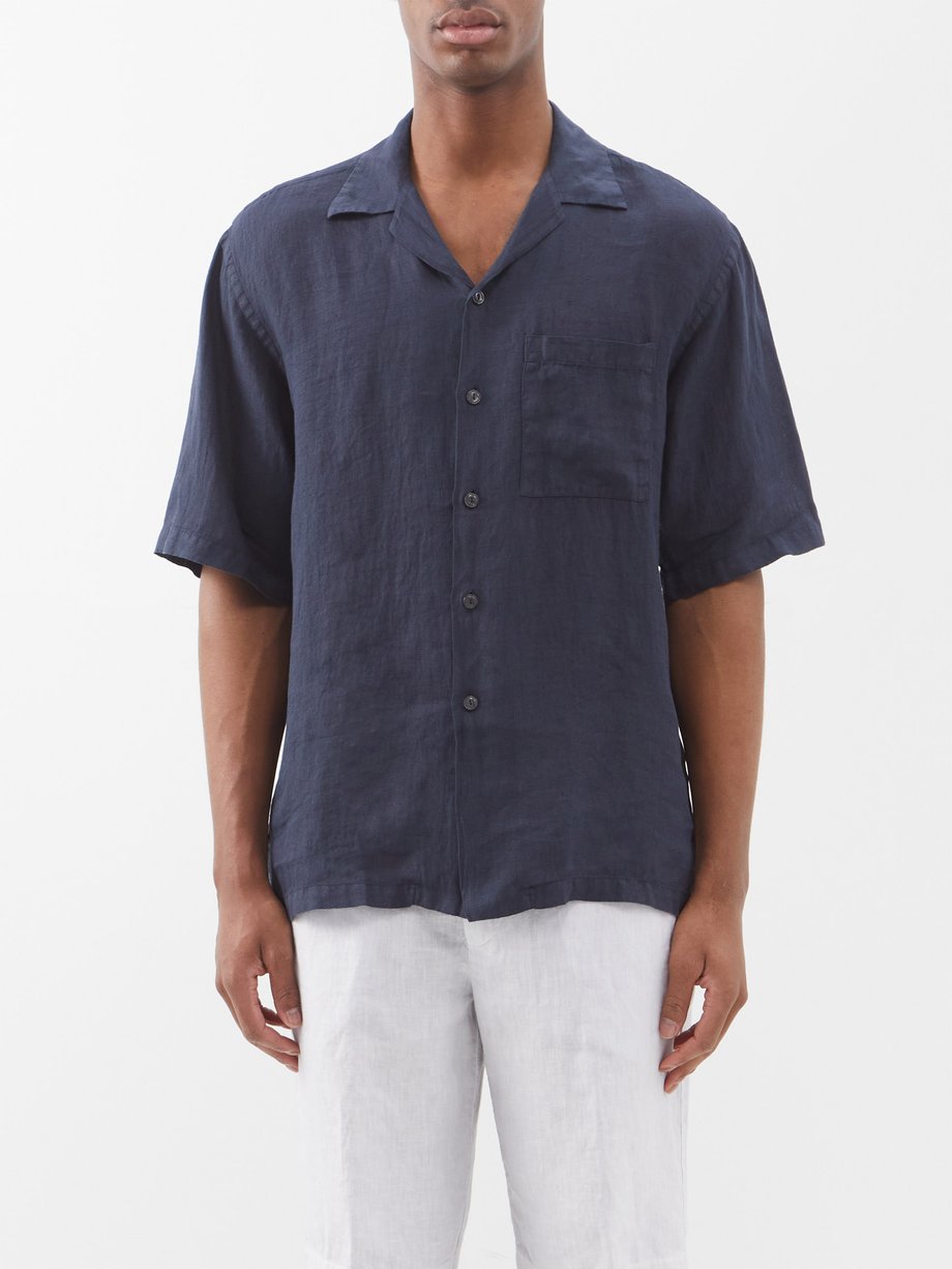 Navy Linen short-sleeved shirt | 120% Lino | MATCHES UK