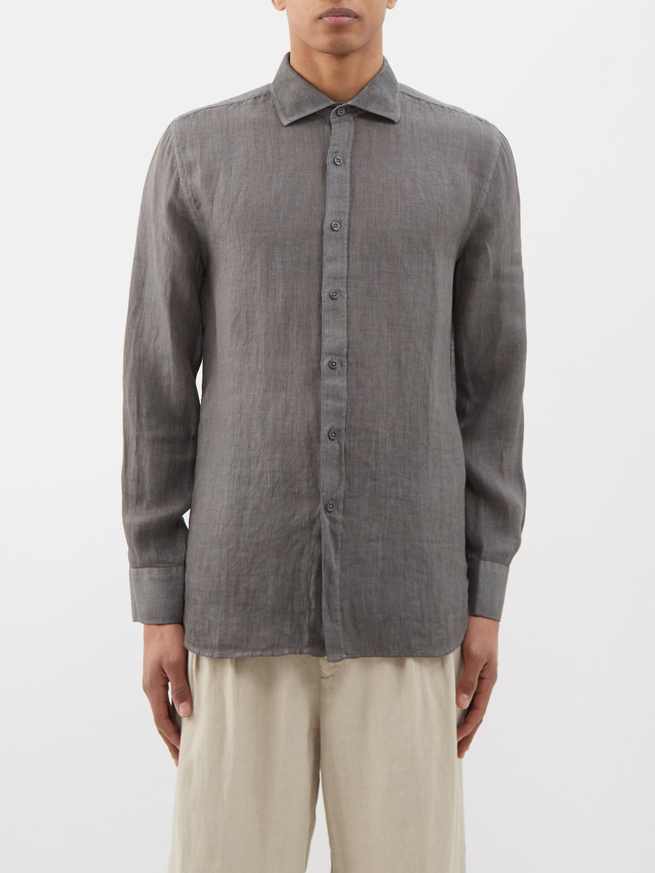Grey Linen-voile shirt | 120% Lino | MATCHES UK