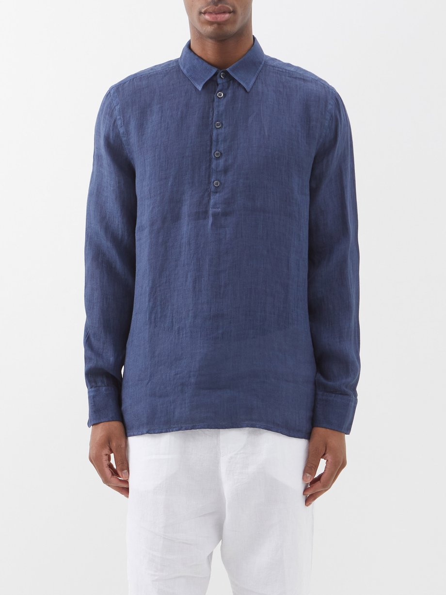 Navy Linen-voile quarter-button shirt | 120% Lino | MATCHES UK