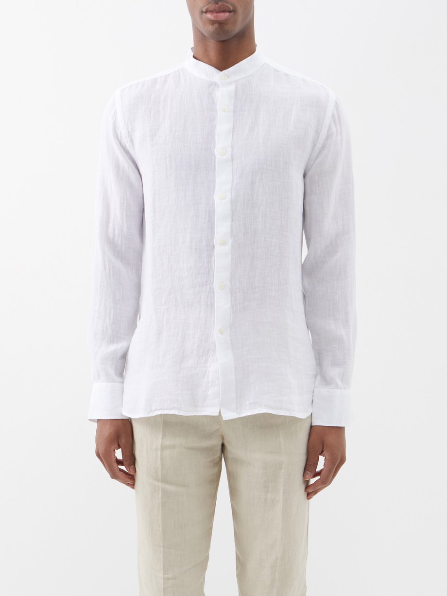 White Collarless linen-voile shirt | 120% Lino | MATCHES UK