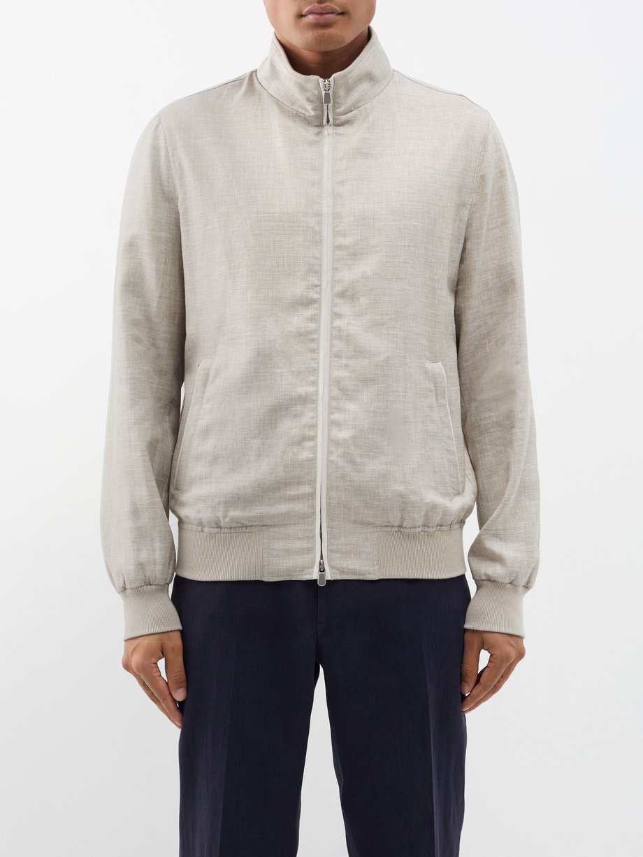 Beige Two-way zip linen-blend jacket | Thom Sweeney | MATCHES UK