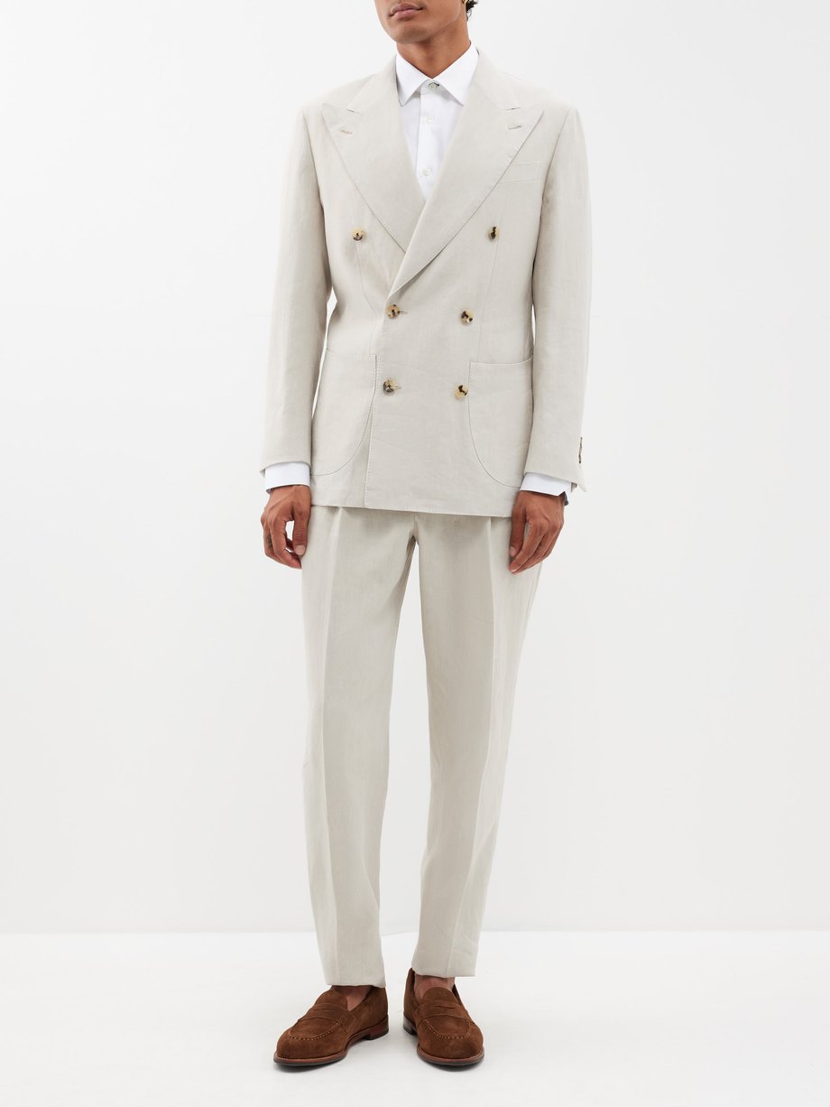 Beige Unstructured double-breasted linen suit | Thom Sweeney | MATCHES UK