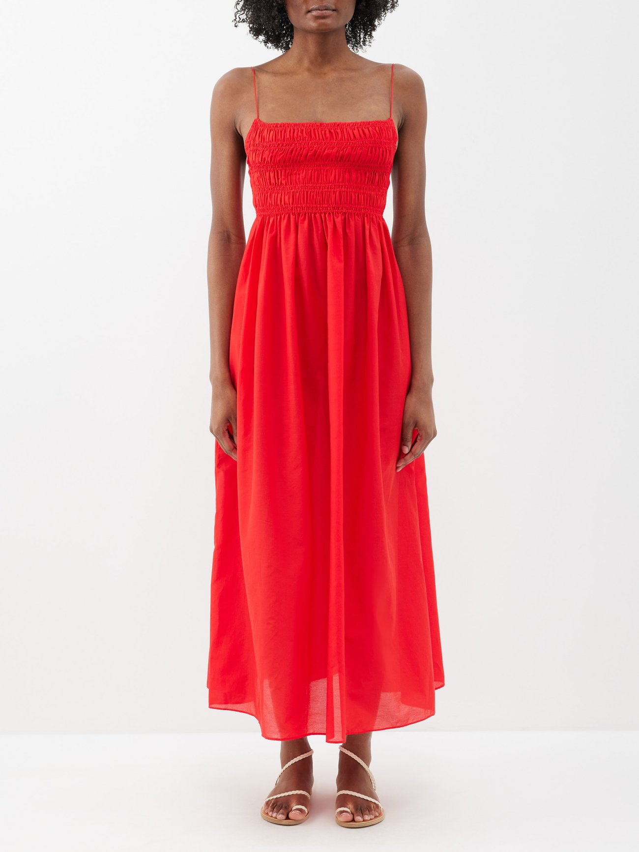 Matteau's red midi dress is made from organic cotton and silk voile exclusively for MATCHES, then shaped with a shirred bust and billowy skirt.