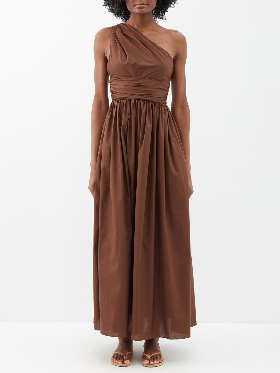 Brown One-shoulder gathered organic-cotton dress | Matteau ...