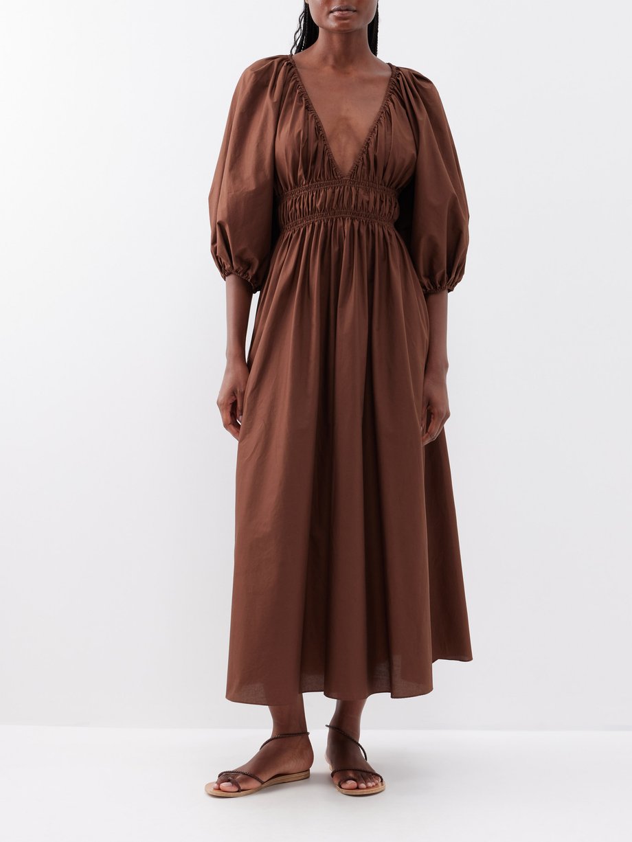 Brown Plunge-neck shirred organic-cotton dress | Matteau ...