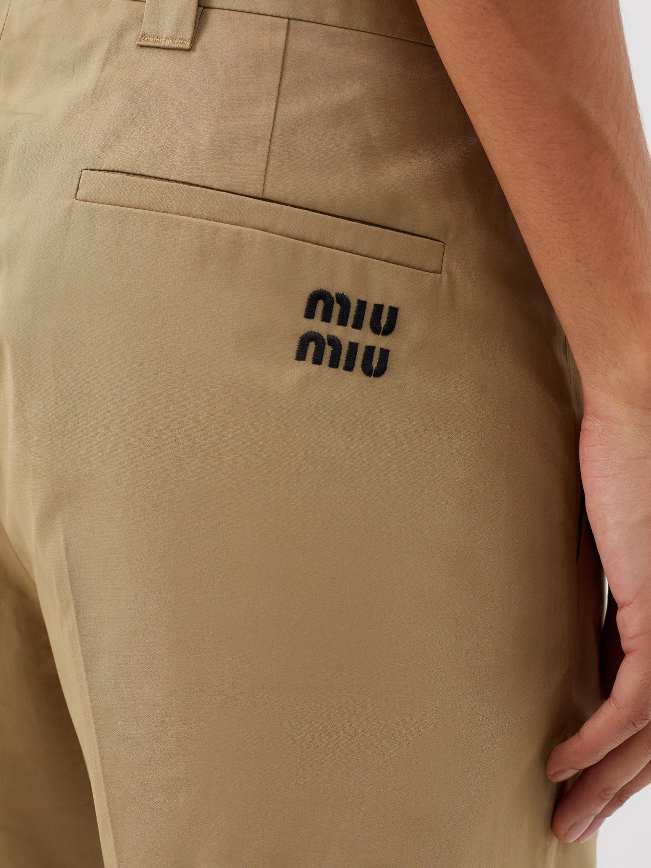 Beige Logo-embroidered cotton-poplin shorts, Miu Miu