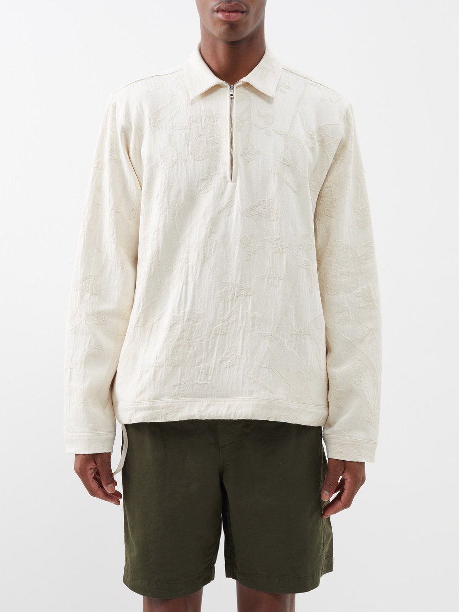 White Oglio floral-embroidery cotton quarter-zip shirt | Orlebar Brown ...