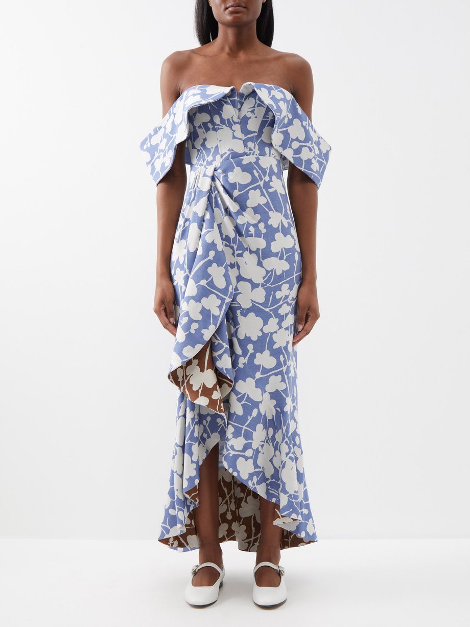 Blue Ruffled off-the-shoulder jacquard midi dress | Rosie Assoulin ...