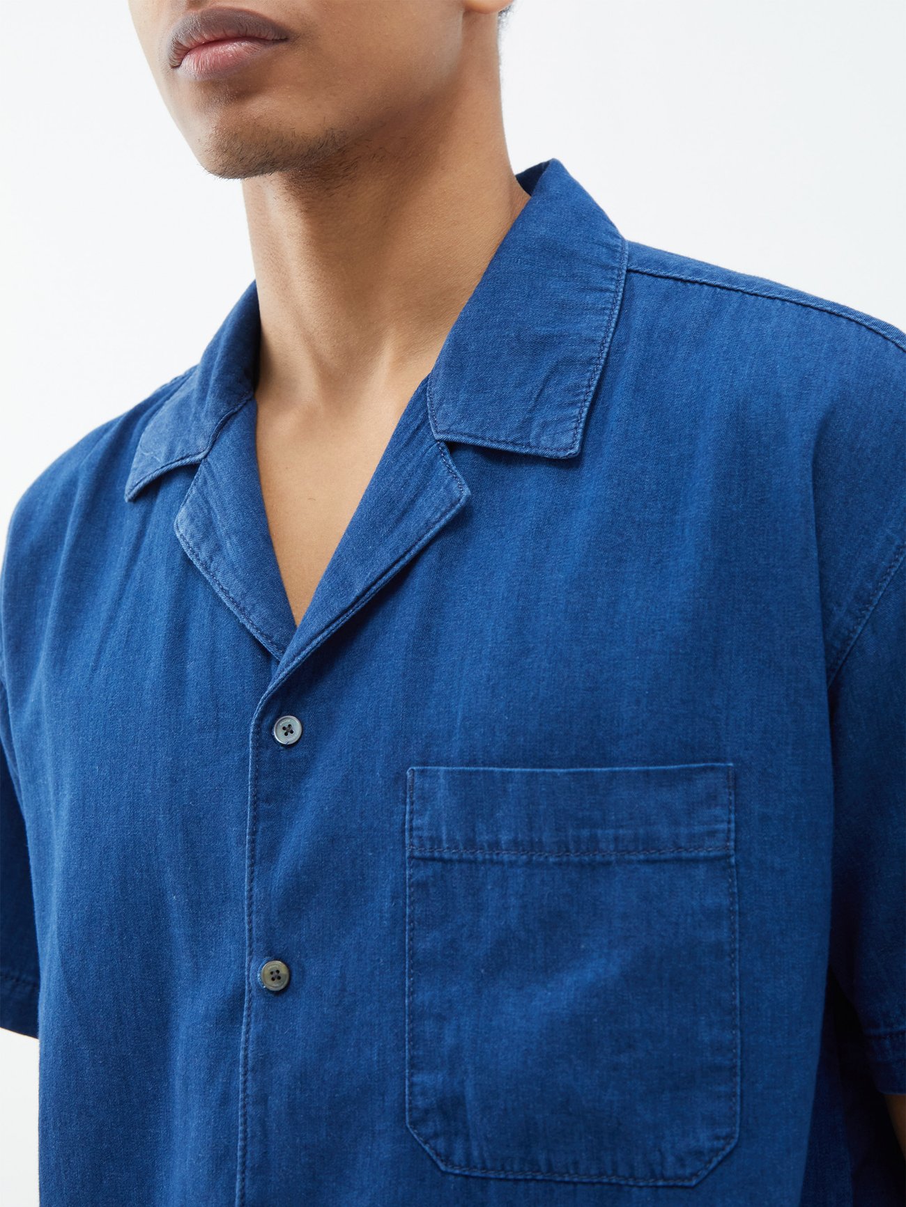 Frame - Cuban-collar Denim Short-sleeved Shirt - Mens - Blue
