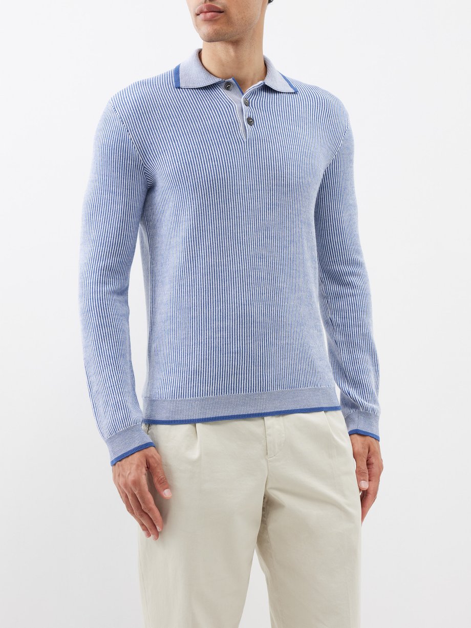 Giorgio Armani Blue Striped wool polo sweater | 매치스패션, 모던 럭셔리 온라인 쇼핑