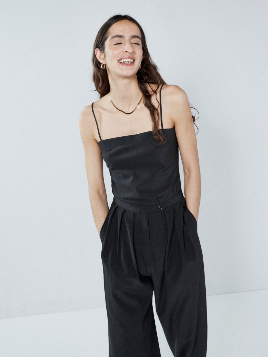 Black Crinkled silk-blend straight neck cami | Raey | MATCHES UK