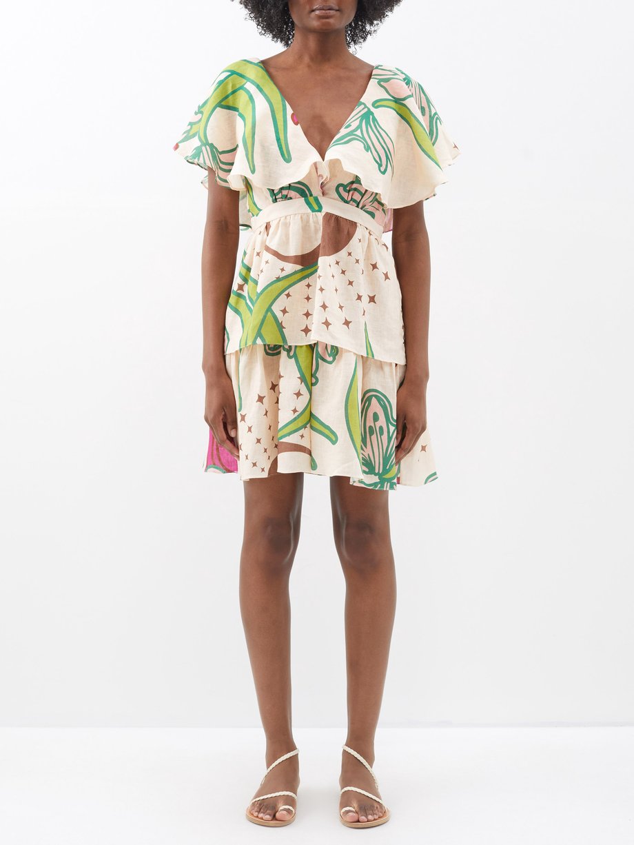 Beige Tiered printed linen mini dress | Juan De Dios | MATCHES UK