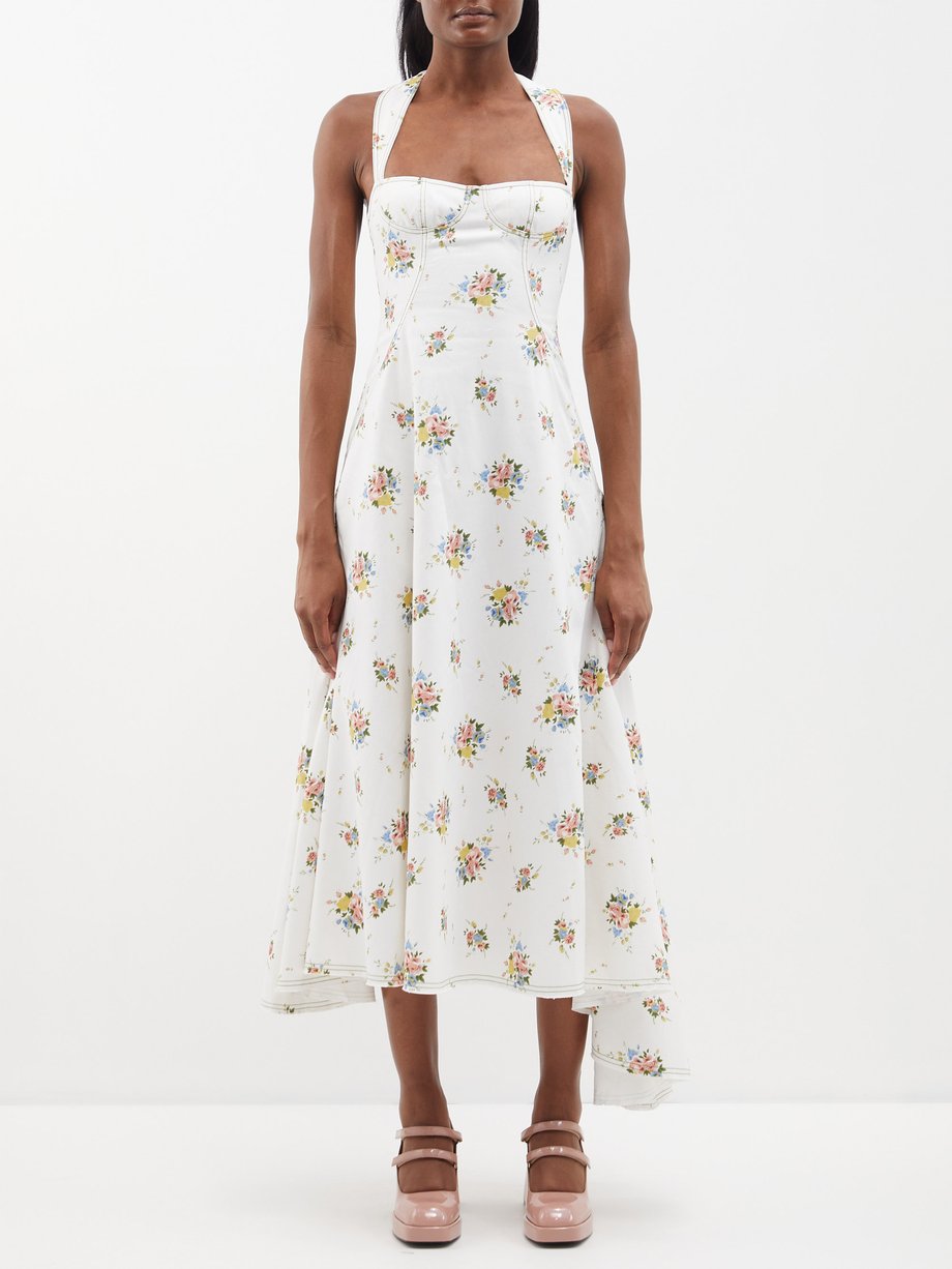 White Bustier-seam floral-print cotton midi dress | Yuhan Wang | MATCHES UK