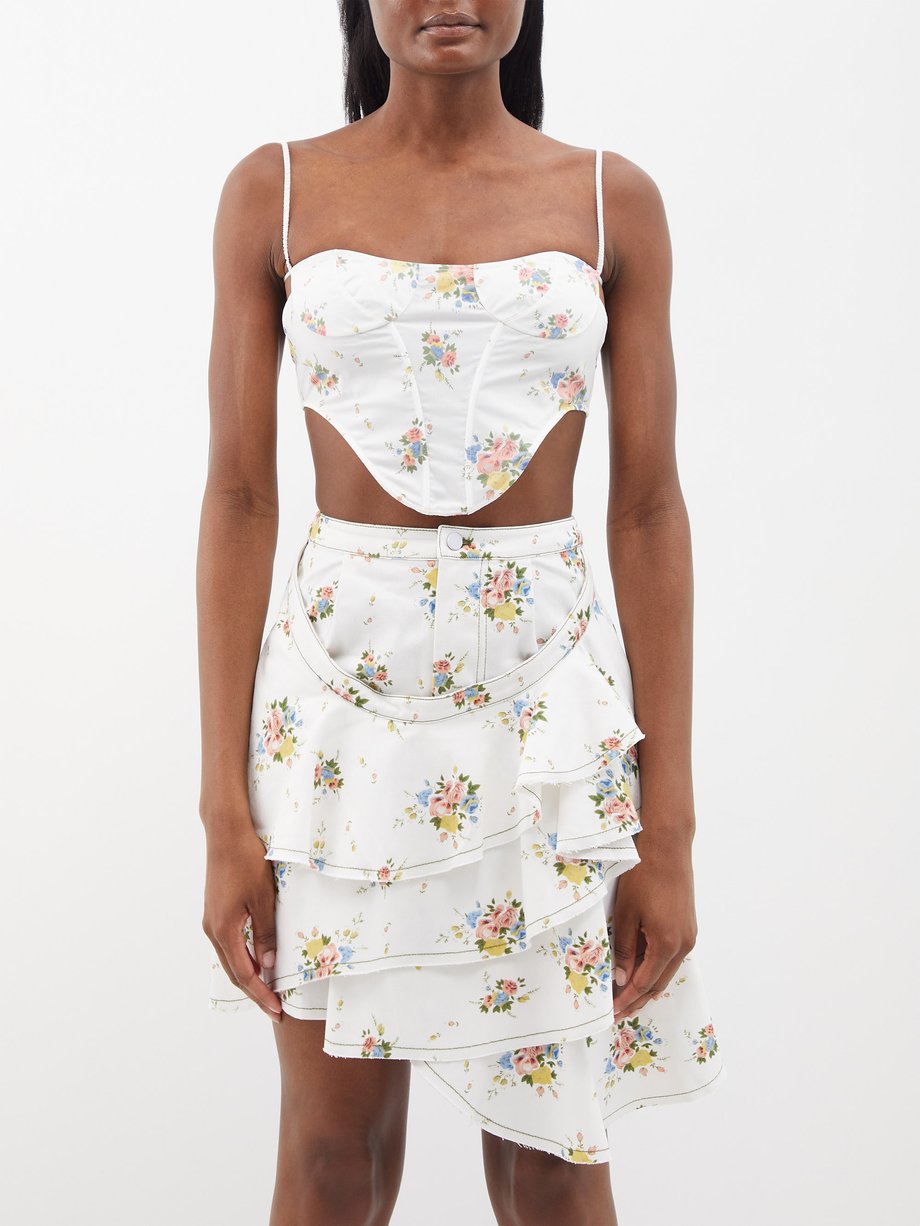 White Floral-print recycled cotton-blend bustier top | Yuhan Wang 